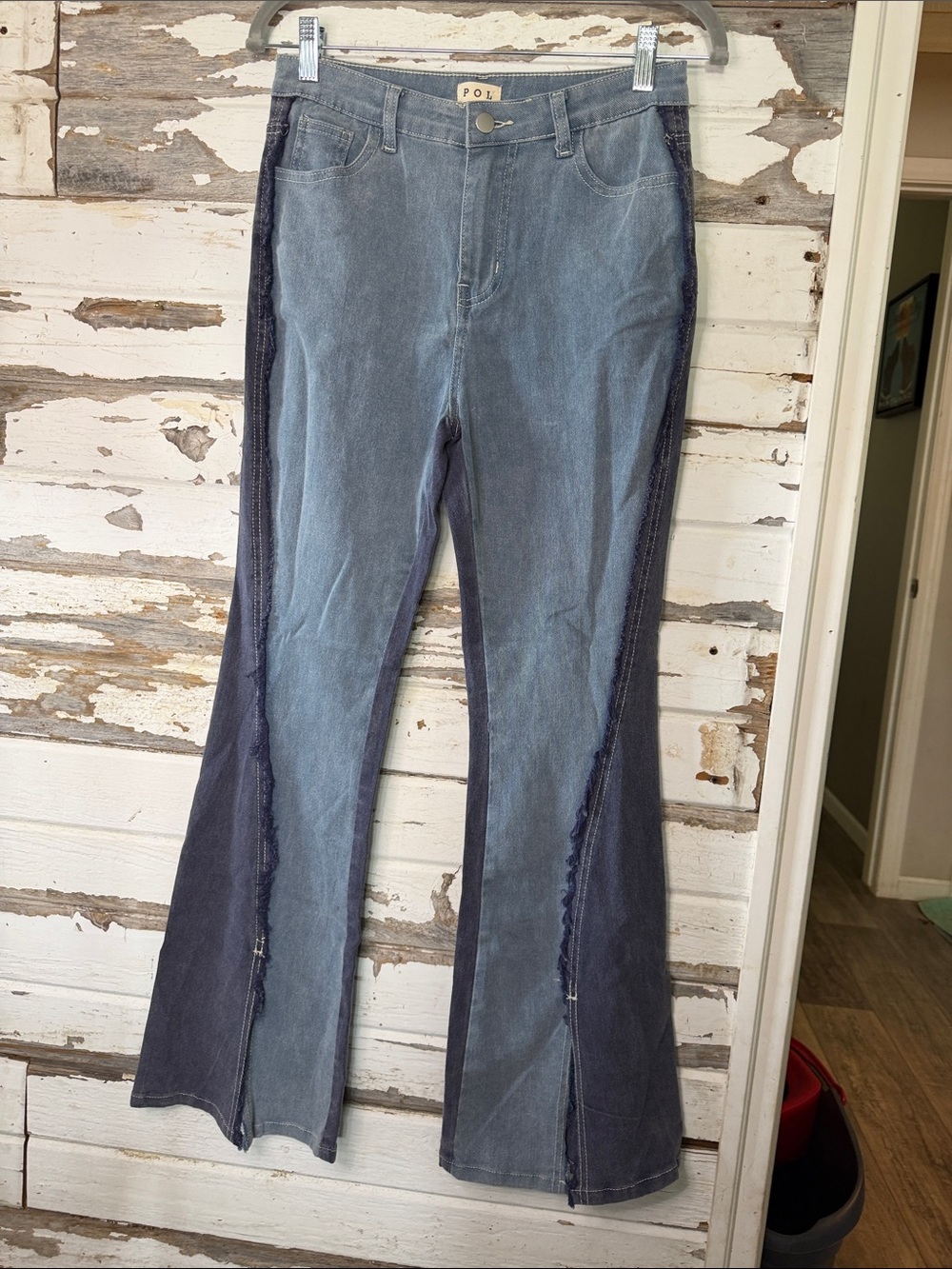 POL Two-Tone Denim Flare Pants in Light and Dark Blue 10